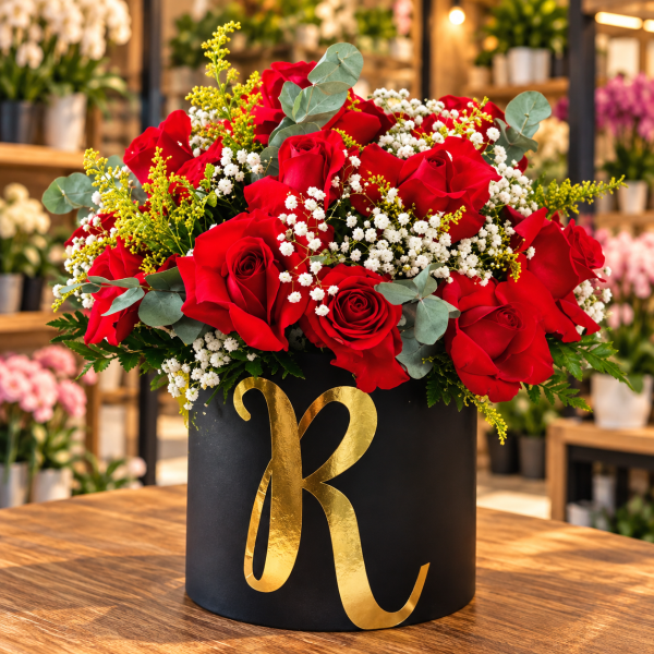 Box de rosas vermelhas naturais com mosquitinho branco, eucalipto e letra R dourada personalizada em caixa preta, da Divino Encanto em Florianópolis.