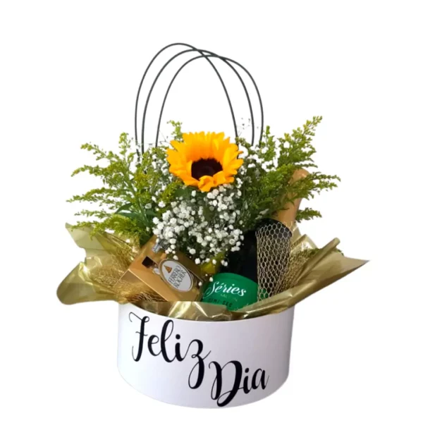 cesta com flores, cesta de com girassol, box espumante
