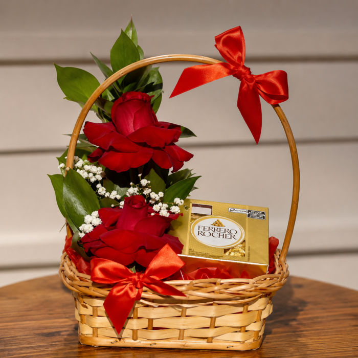 Cesta com Rosas Vermelhas e Ferrero - 9044
