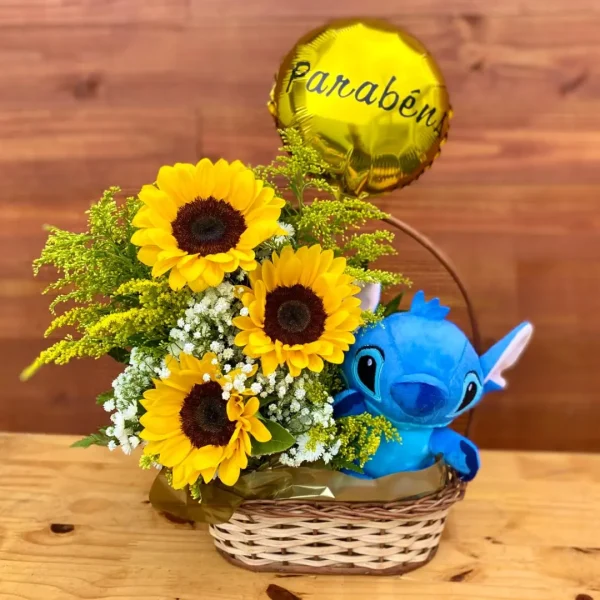 Cesta de Girassóis Stitch é um lindo presente, cesta de presente em florianopolis, cesta de presente em são jose