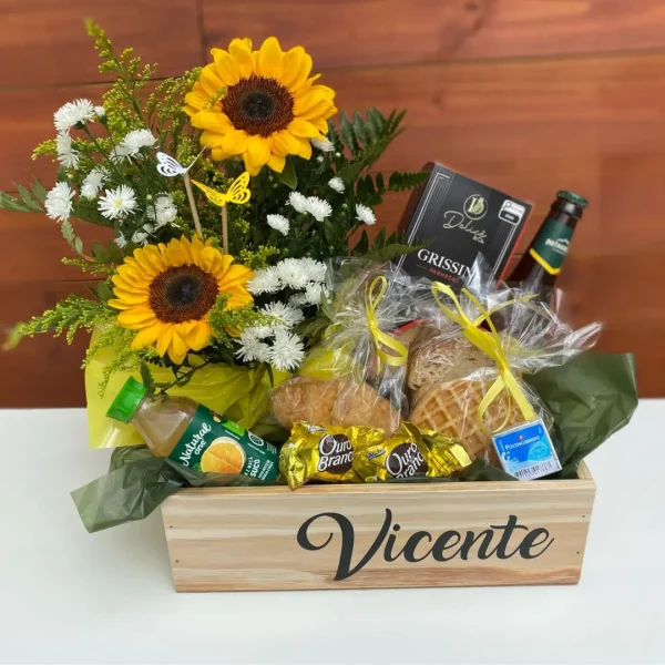 Cesta de Café Vicente é um presente especial, café da manhã um uma deliciosa cerveja