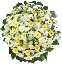 Homenageie com coroa de flores branca e amarela com margaridas, rosas e lírios. Entregamos rápido em velórios e funerais.
