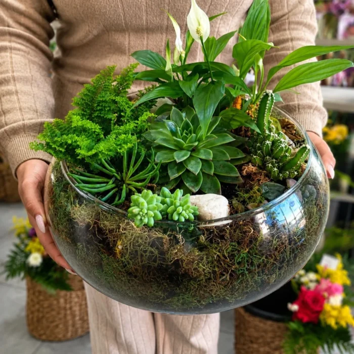 Terrário premium em vaso de vidro com suculentas, cacto, Lírio-da-Paz e plantas naturais para decoração.